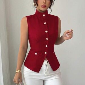 Elegant Red Sleeveless Button-Up Vest